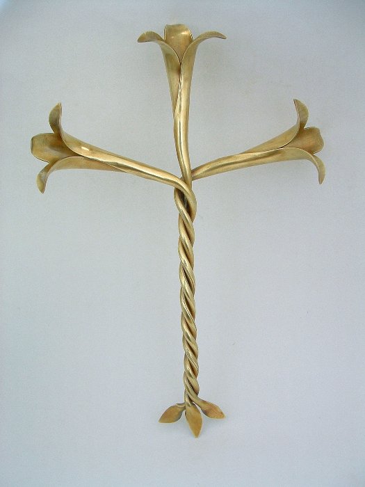 Handcrafted Brass Lily Cross, Wall Sculpture by Metalsmith Steve Shelby